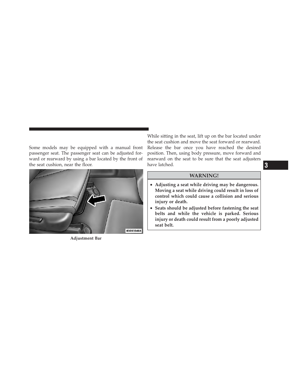 Manual front passenger seat forward, Rearward adjustment | Dodge 2011 Durango - Owner Manual User Manual | Page 127 / 576