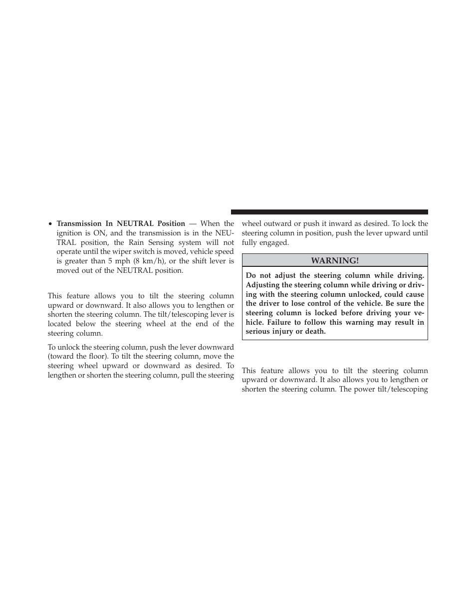 Tilt/telescoping steering column, Power tilt/telescoping steering column, If equipped | Dodge 2011 Durango - Owner Manual User Manual | Page 162 / 576