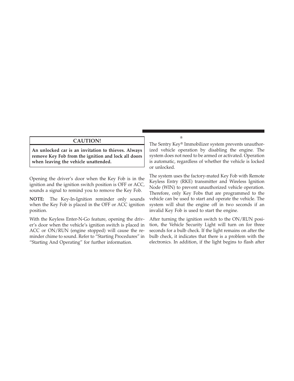 Key-in-ignition reminder, Sentry keyĥ, Sentry key | Dodge 2011 Durango - Owner Manual User Manual | Page 20 / 576