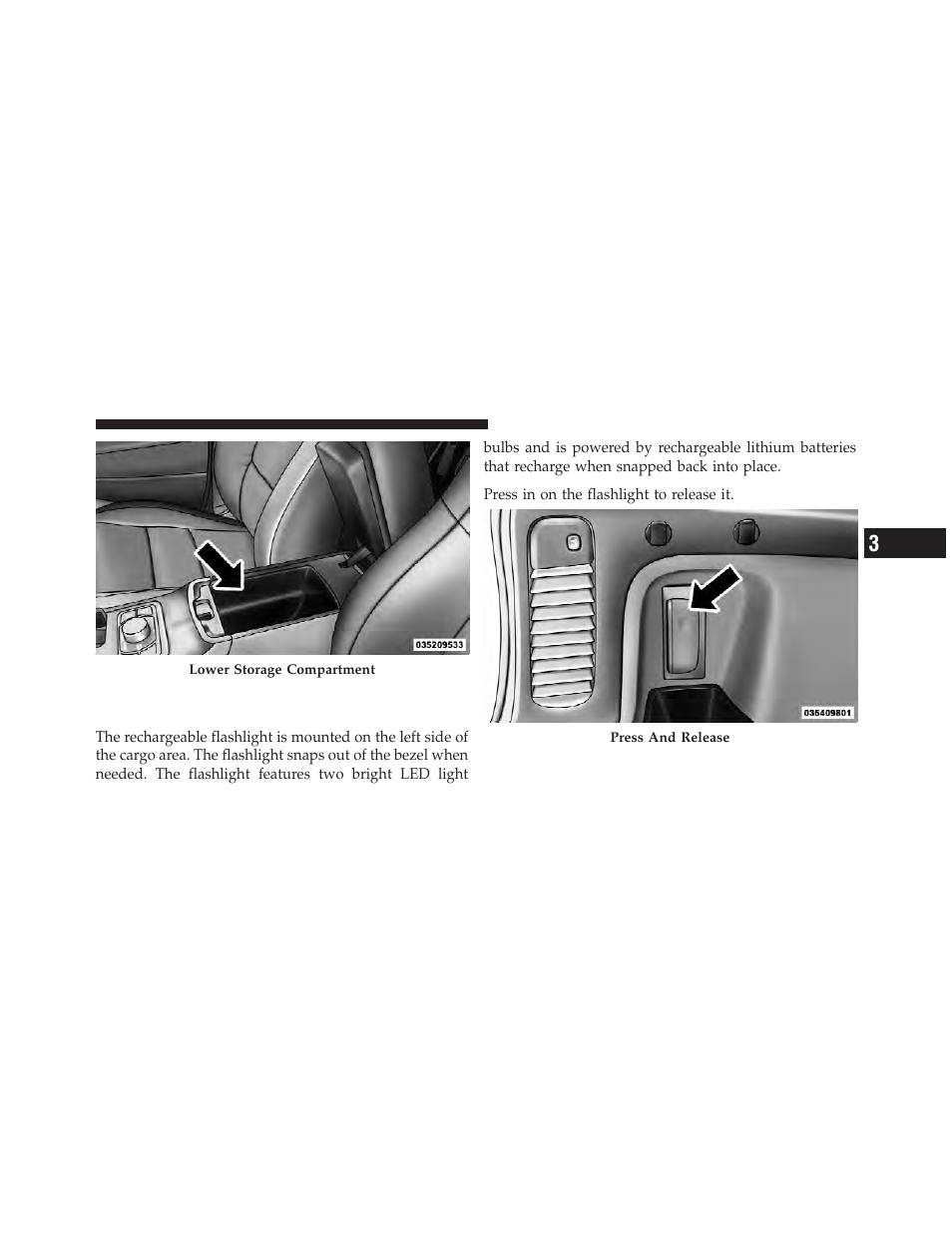 Cargo area features, Rechargeable flashlight | Dodge 2011 Durango - Owner Manual User Manual | Page 227 / 576