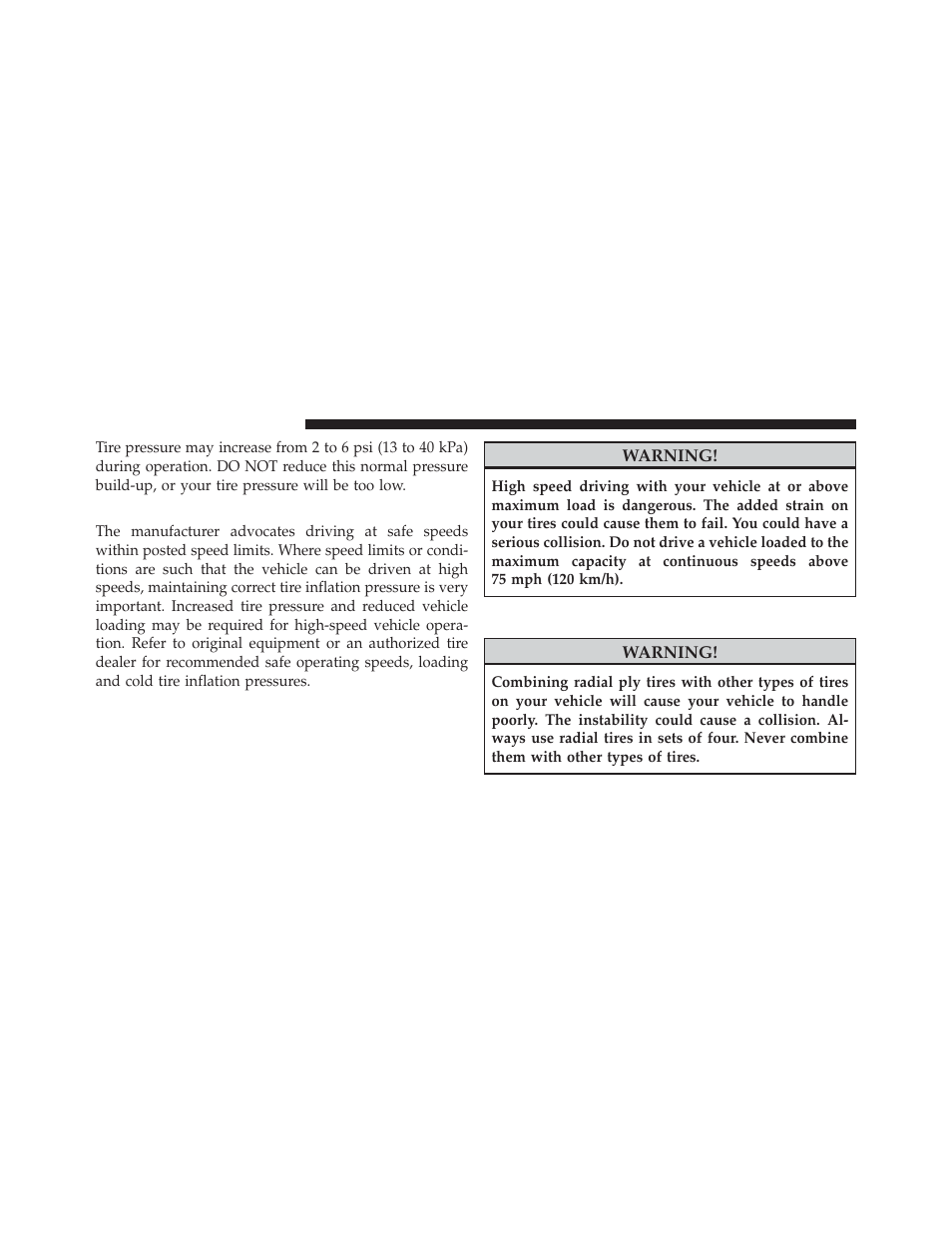 Tire pressures for high speed operation, Radial-ply tires | Dodge 2011 Durango - Owner Manual User Manual | Page 392 / 576