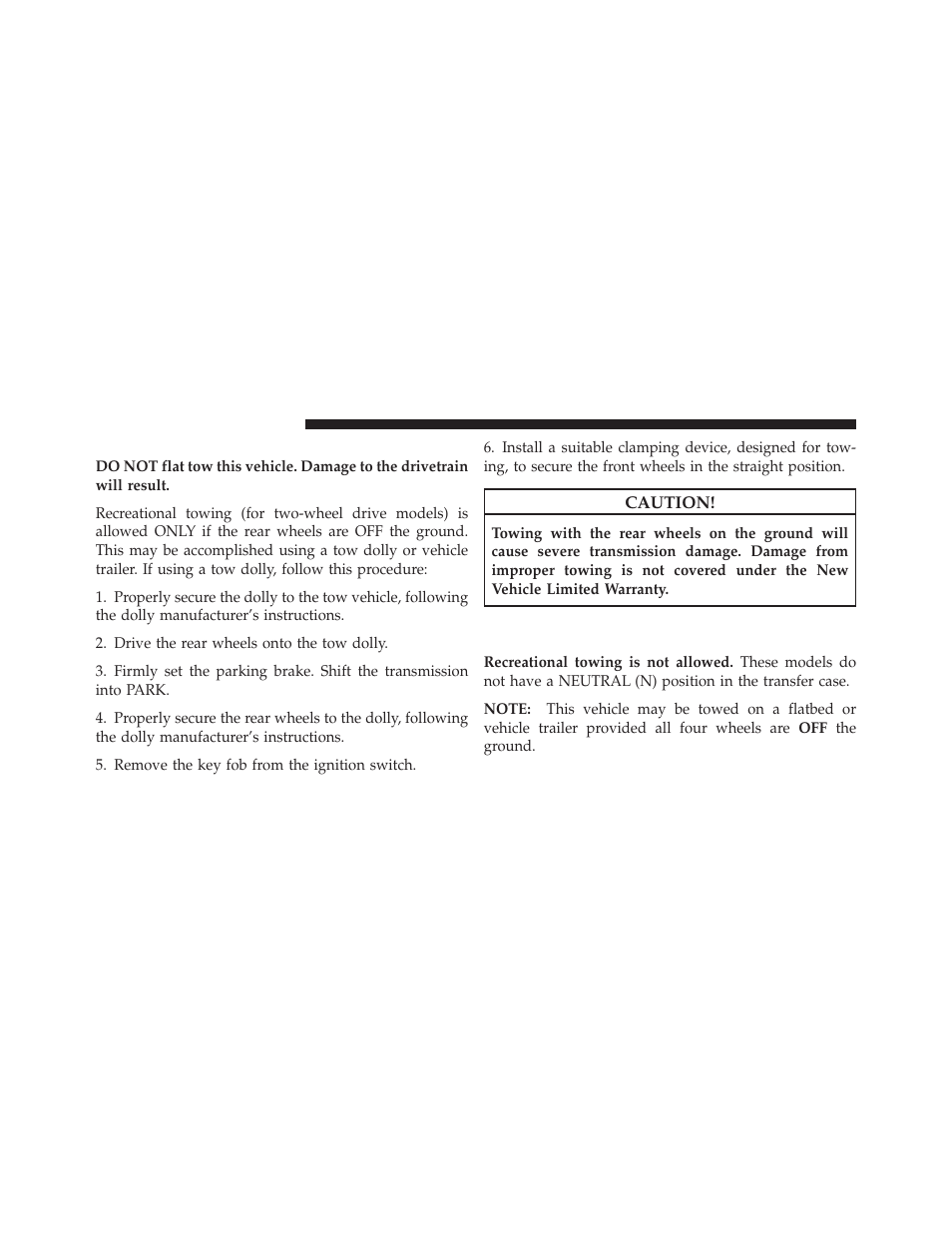 Recreational towing – two-wheel drive models, Recreational towing – two-wheel drive, Models | Recreational towing – all-wheel drive, Models (single-speed transfer case) | Dodge 2011 Durango - Owner Manual User Manual | Page 442 / 576