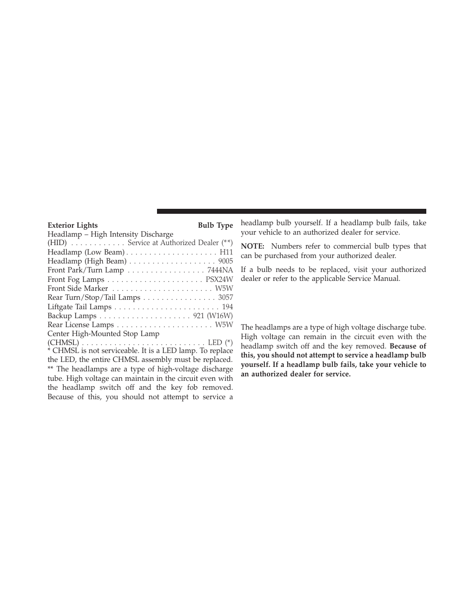 Bulb replacement, High intensity discharge headlamps (hid), If equipped | Dodge 2011 Durango - Owner Manual User Manual | Page 520 / 576