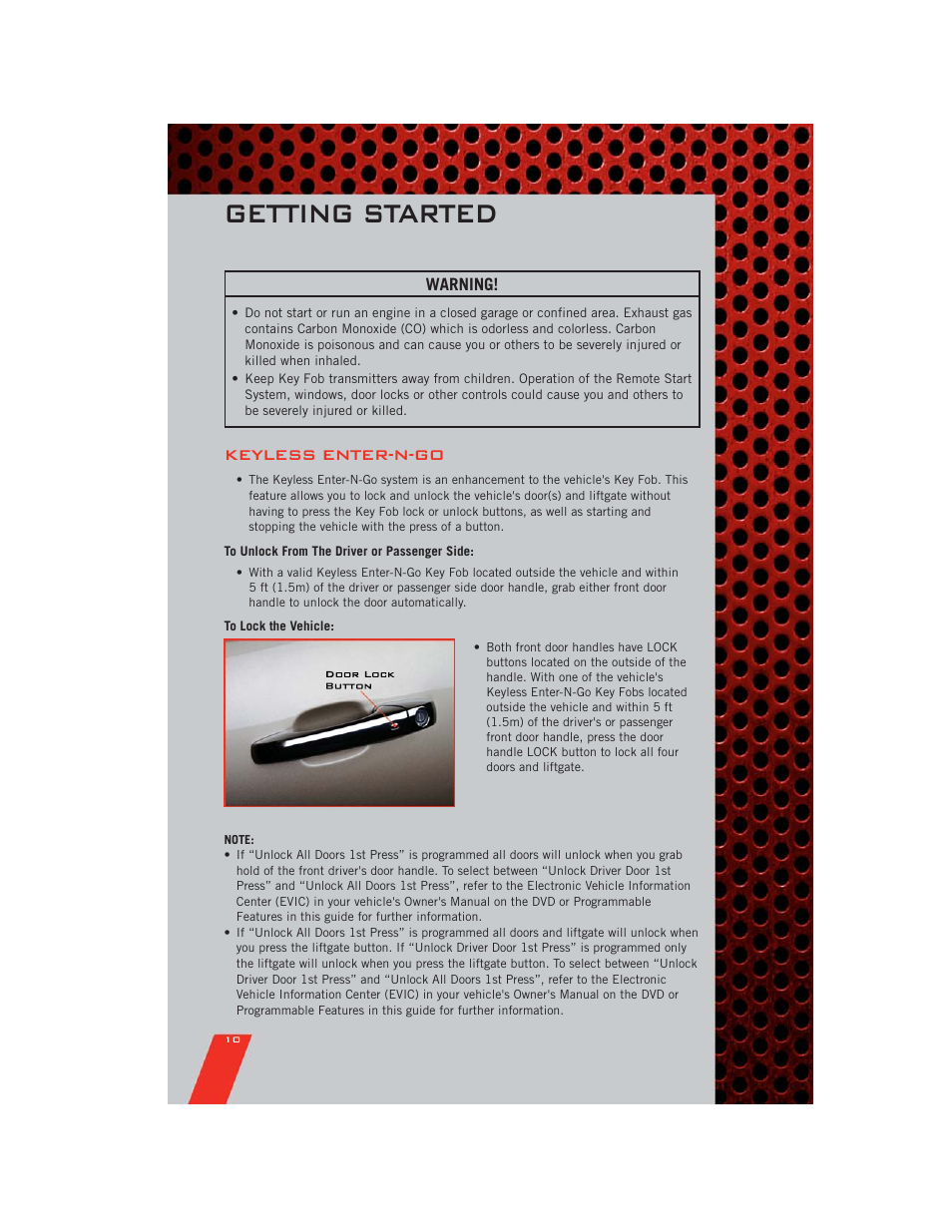 Keyless enter-n-go, To unlock from the driver or passenger side, To lock the vehicle | Getting started | Dodge 2011 Durango - User Guide User Manual | Page 12 / 108