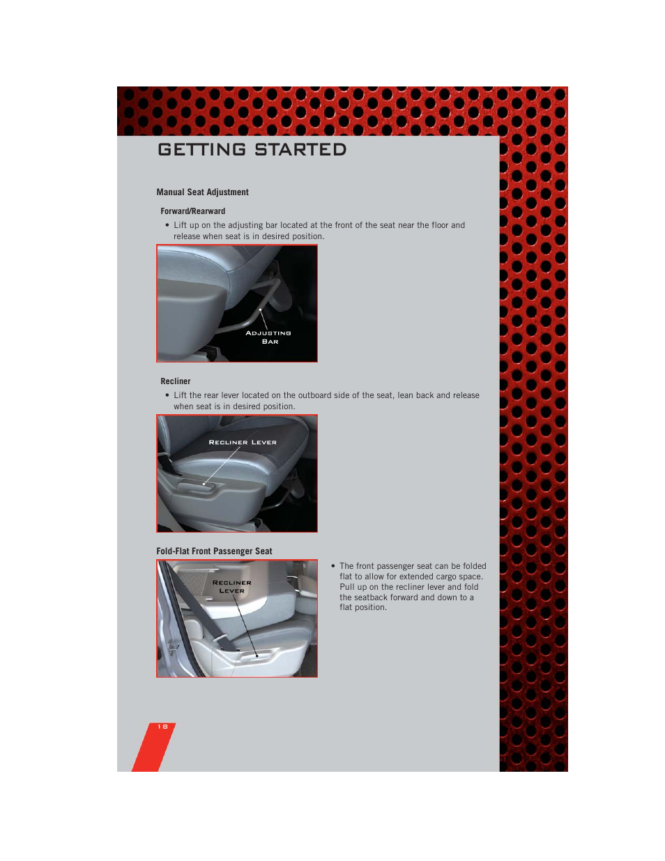 Manual seat adjustment, Fold-flat front passenger seat, Getting started | Dodge 2011 Durango - User Guide User Manual | Page 20 / 108