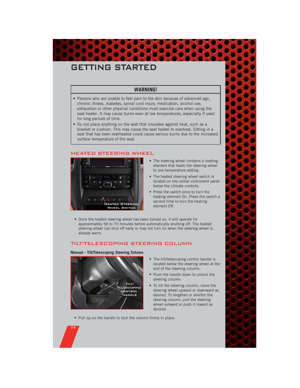 Heated steering wheel, Tilt/telescoping steering column, Manual - tilt/telescoping steering column | Getting started | Dodge 2011 Durango - User Guide User Manual | Page 24 / 108