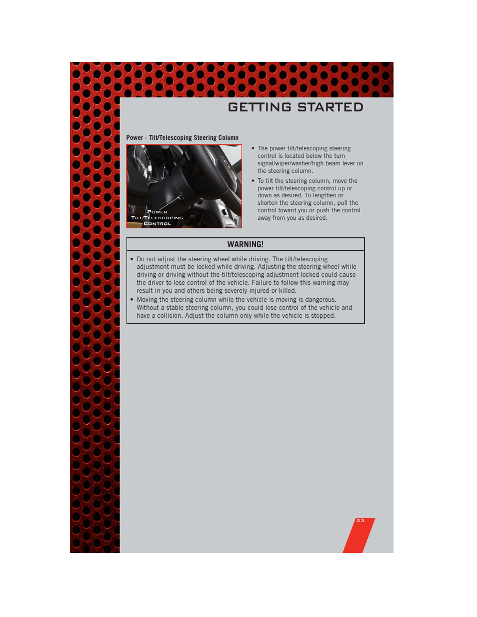 Power - tilt/telescoping steering column, Getting started | Dodge 2011 Durango - User Guide User Manual | Page 25 / 108