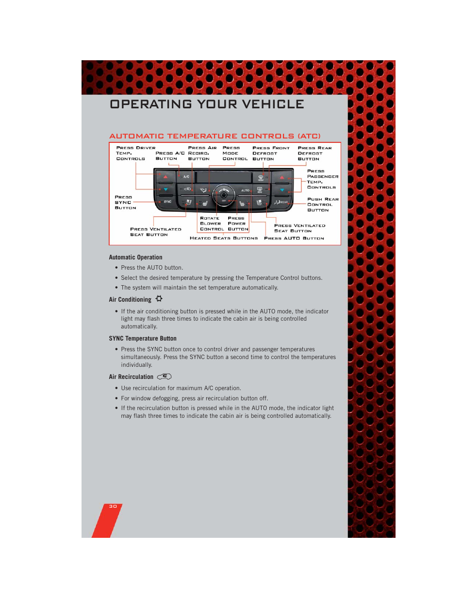 Automatic temperature controls (atc), Automatic operation, Air conditioning | Sync temperature button, Air recirculation, Operating your vehicle | Dodge 2011 Durango - User Guide User Manual | Page 32 / 108