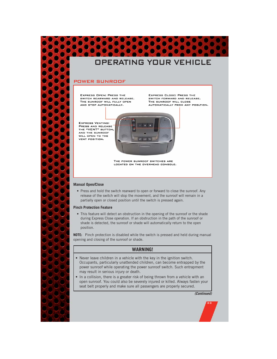 Power sunroof, Manual open/close, Pinch protection feature | Operating your vehicle | Dodge 2011 Durango - User Guide User Manual | Page 35 / 108