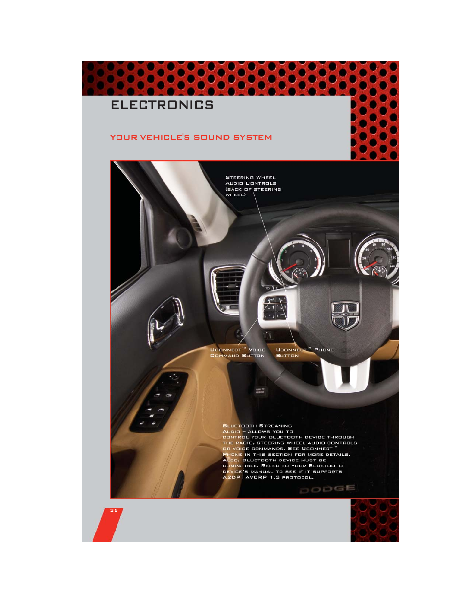 Electronics, Your vehicle's sound system | Dodge 2011 Durango - User Guide User Manual | Page 38 / 108