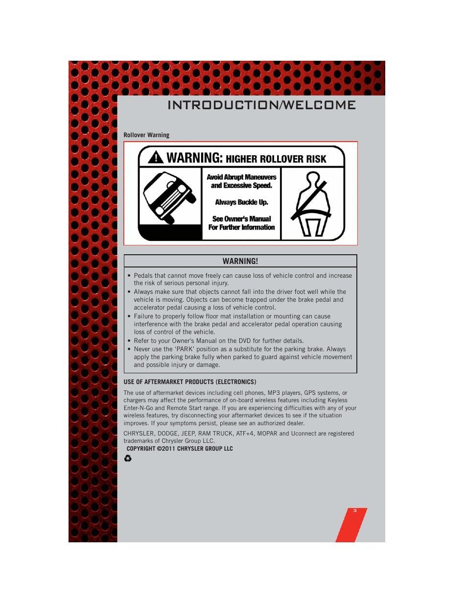 Rollover warning, Use of aftermarket products (electronics), Introduction/welcome | Dodge 2011 Durango - User Guide User Manual | Page 5 / 108