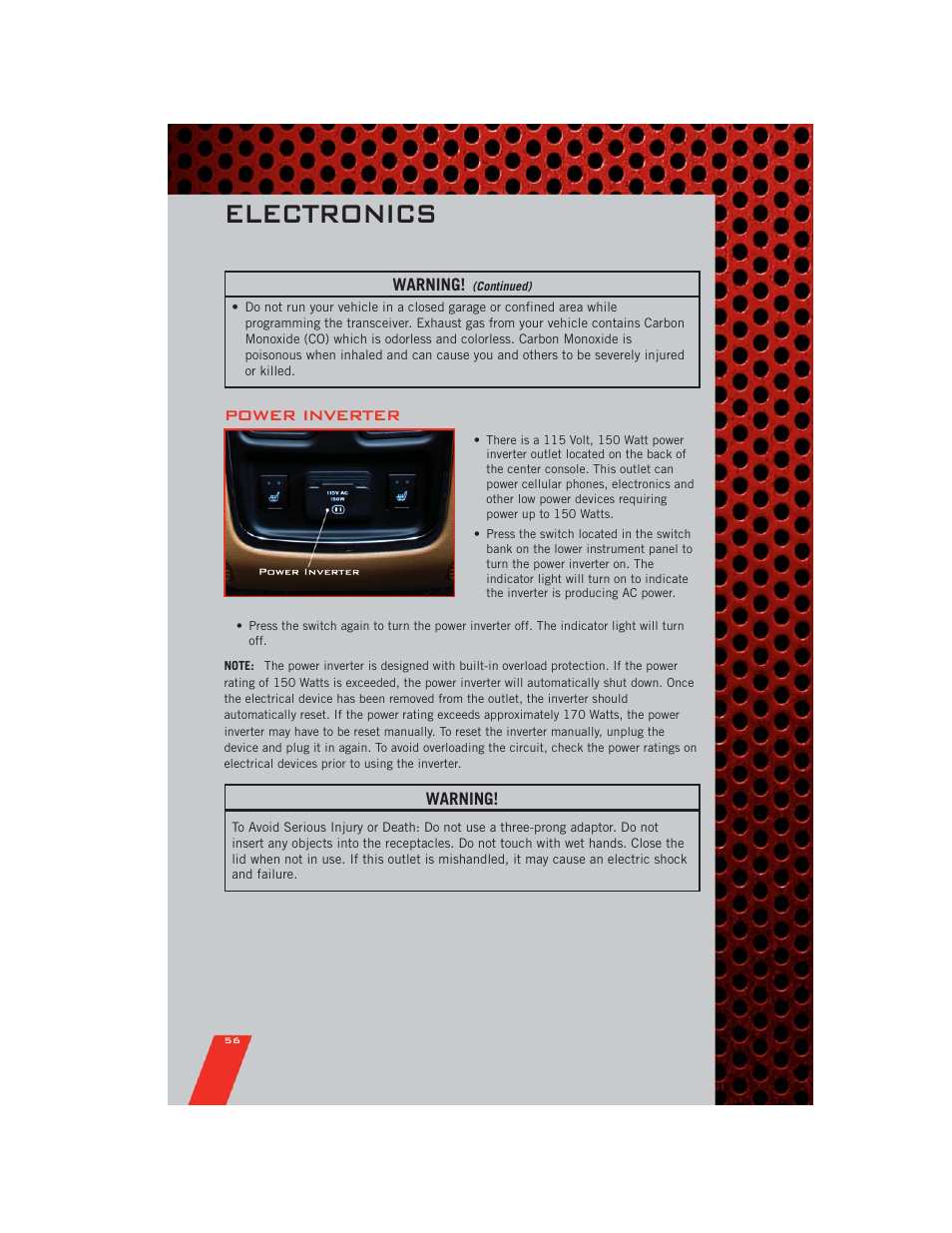 Power inverter, Electronics | Dodge 2011 Durango - User Guide User Manual | Page 58 / 108