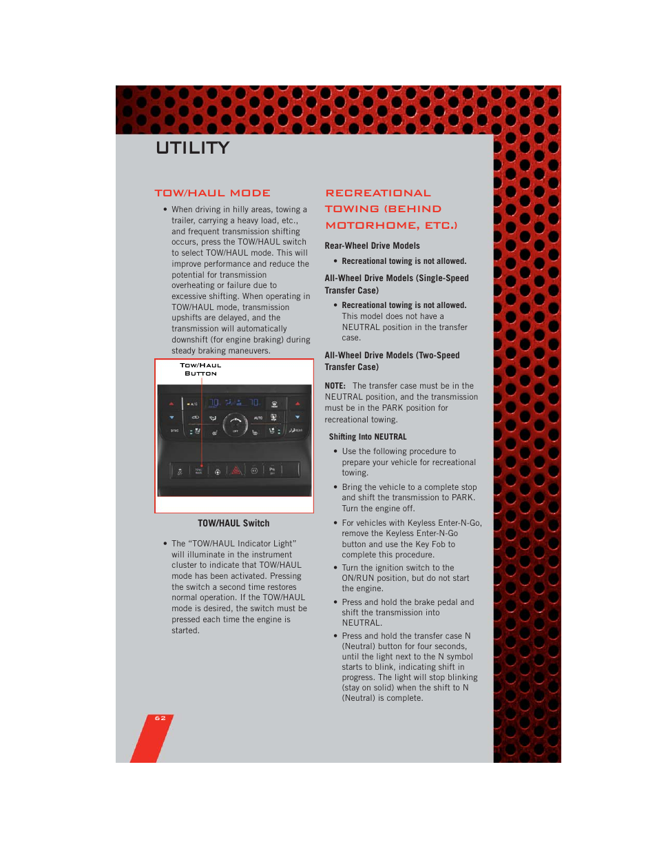 Tow/haul mode, Recreational towing (behind motorhome, etc.), Rear-wheel drive models | All-wheel drive models (two-speed transfer case), Utility | Dodge 2011 Durango - User Guide User Manual | Page 64 / 108