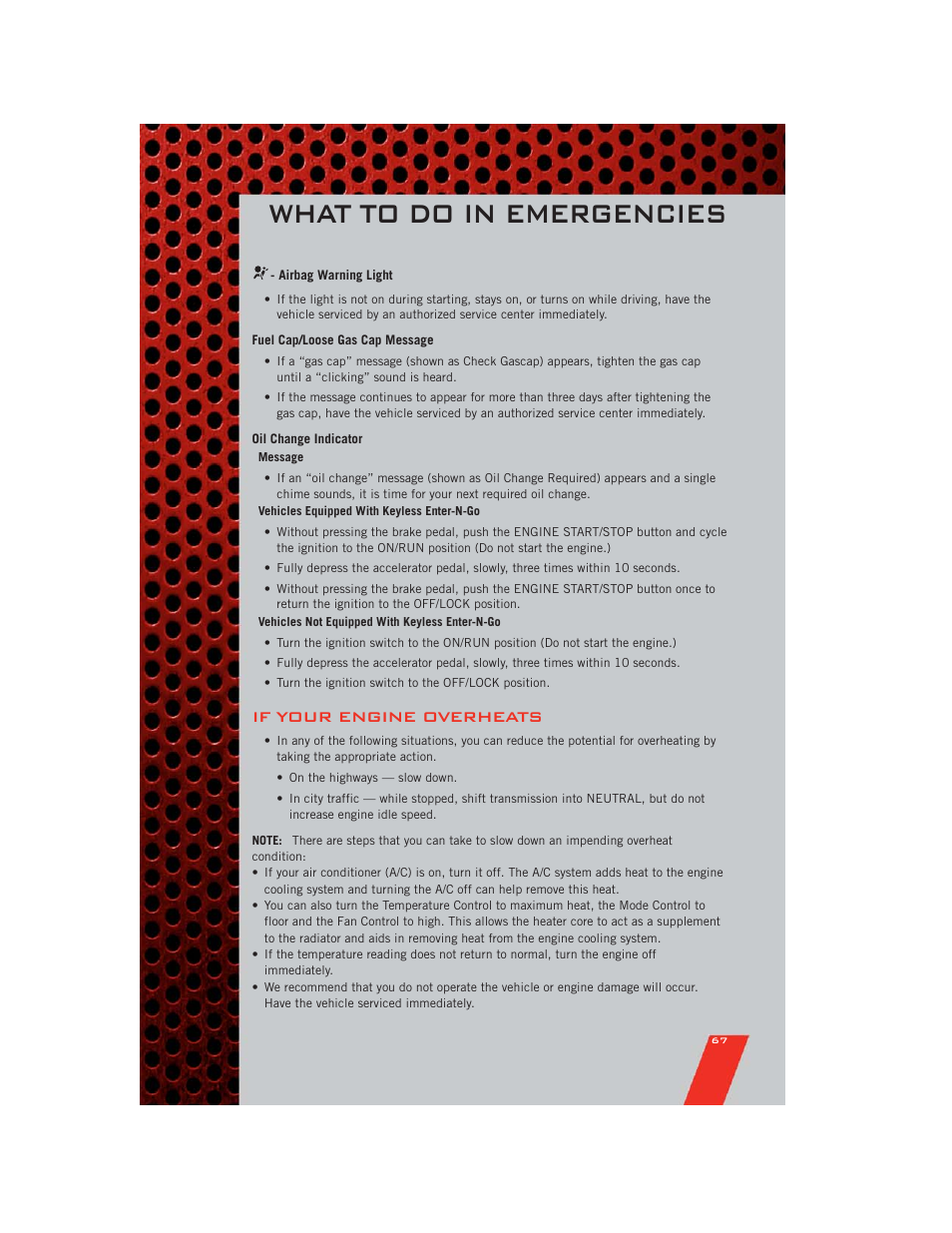 Airbag warning light, Fuel cap/loose gas cap message, Oil change indicator | If your engine overheats, What to do in emergencies | Dodge 2011 Durango - User Guide User Manual | Page 69 / 108