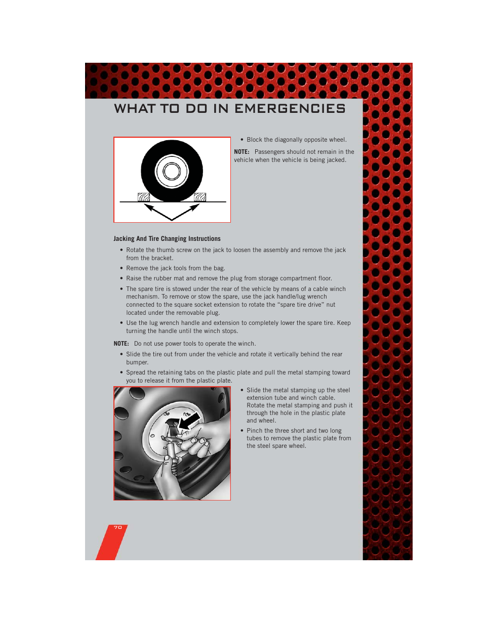 Jacking and tire changing instructions, What to do in emergencies | Dodge 2011 Durango - User Guide User Manual | Page 72 / 108