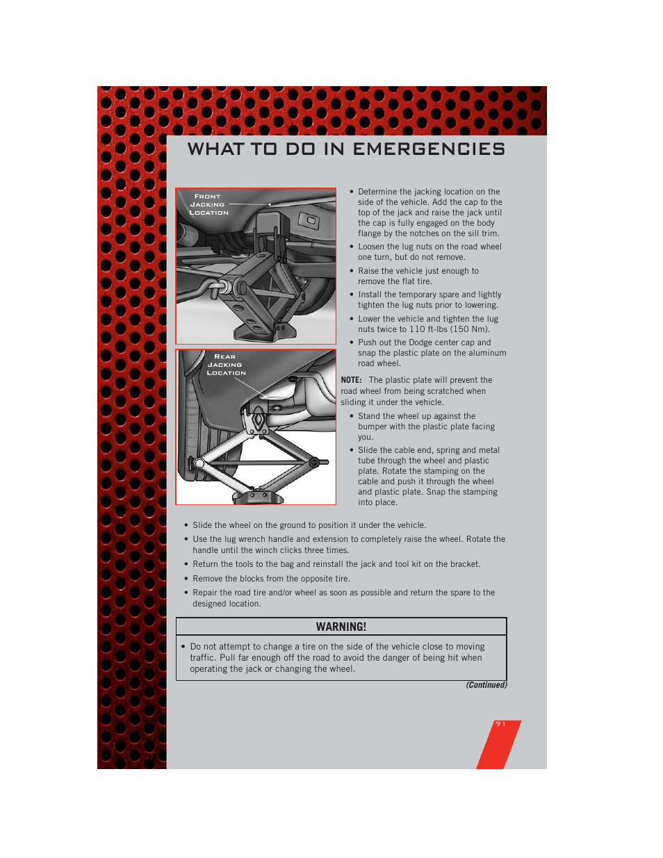 What to do in emergencies, Warning | Dodge 2011 Durango - User Guide User Manual | Page 73 / 108