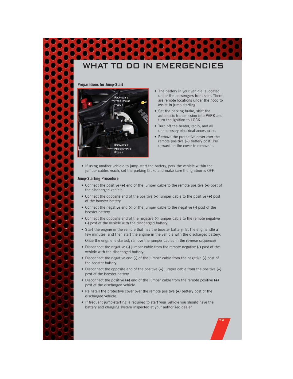 Preparations for jump-start, Jump-starting procedure, What to do in emergencies | Dodge 2011 Durango - User Guide User Manual | Page 75 / 108