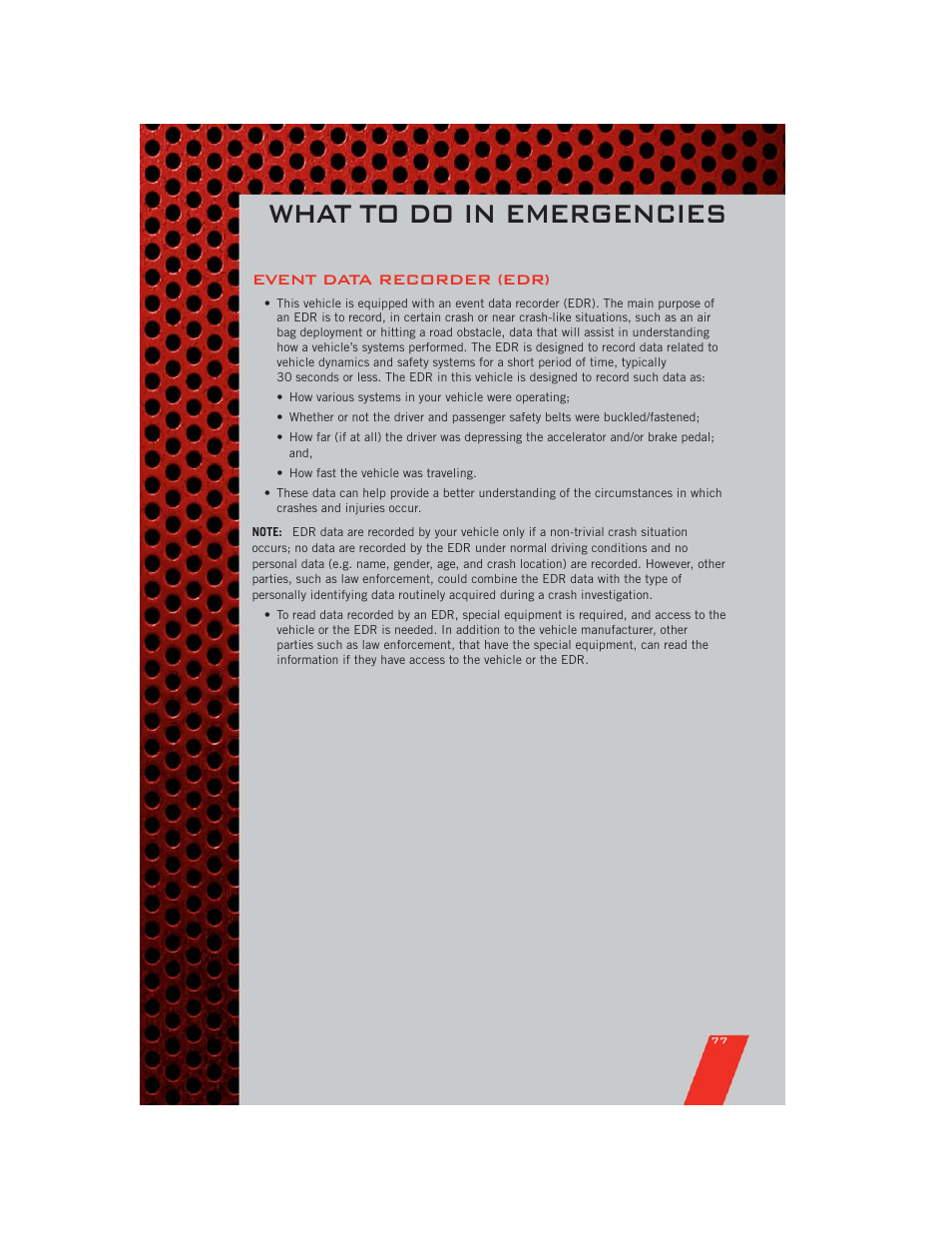 Event data recorder (edr), What to do in emergencies | Dodge 2011 Durango - User Guide User Manual | Page 79 / 108