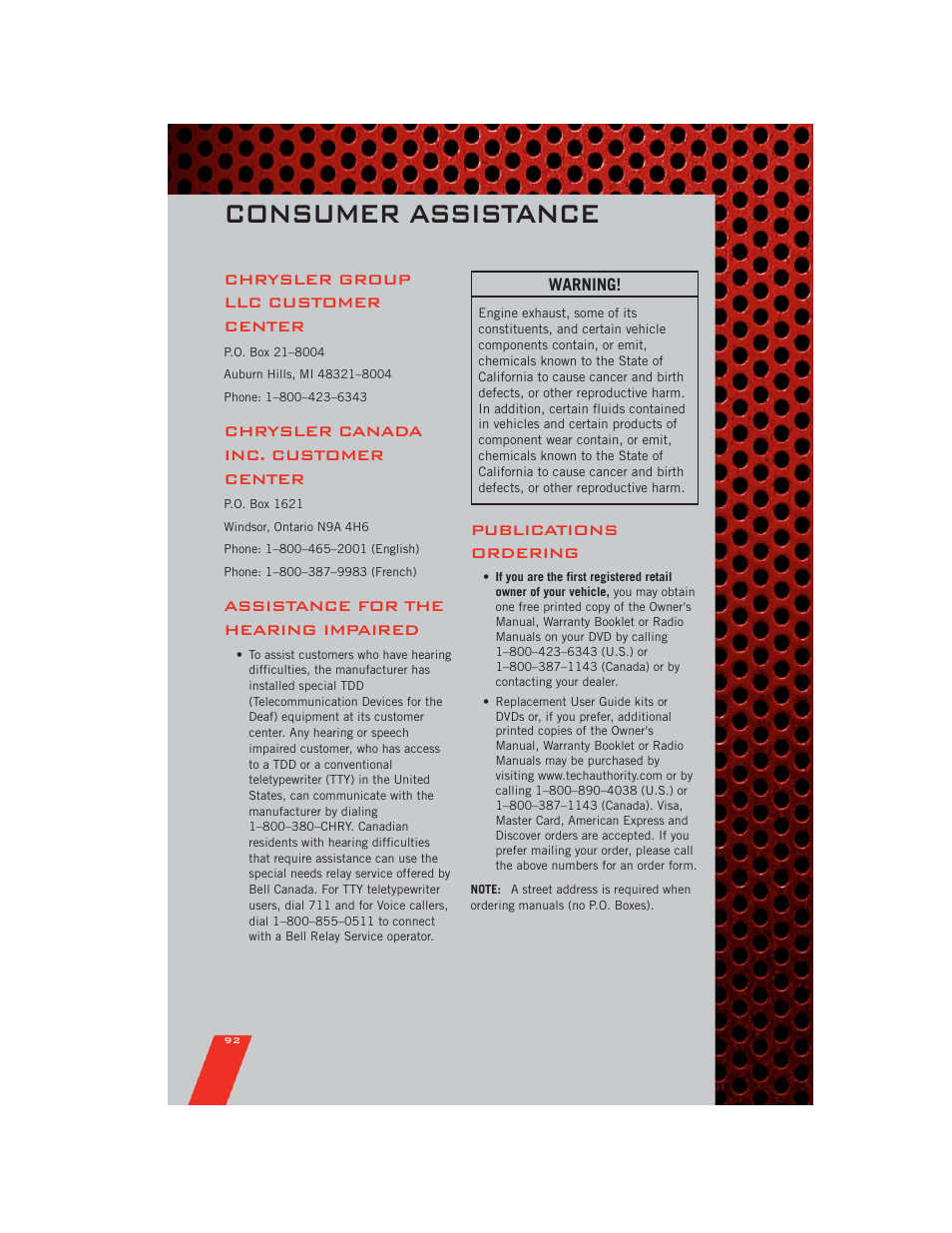 Consumer assistance, Chrysler group llc customer center, Chrysler canada inc. customer center | Assistance for the hearing impaired, Publications ordering | Dodge 2011 Durango - User Guide User Manual | Page 94 / 108