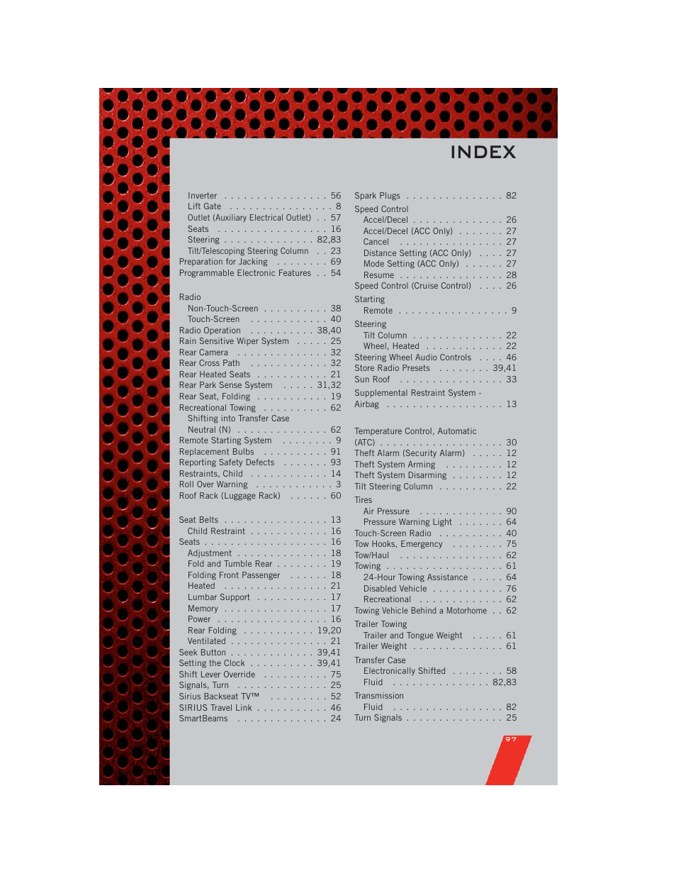 Index | Dodge 2011 Durango - User Guide User Manual | Page 99 / 108
