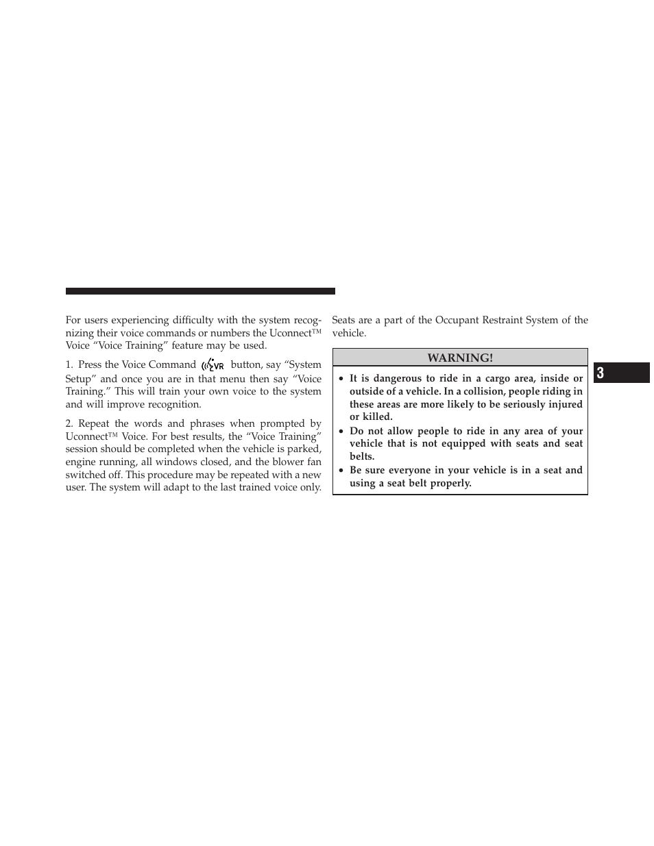 Voice training, Seats | Dodge 2011 Dakota User Manual | Page 125 / 452