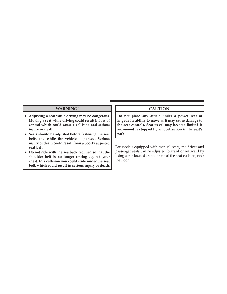 Manual seat adjustment | Dodge 2011 Dakota User Manual | Page 128 / 452