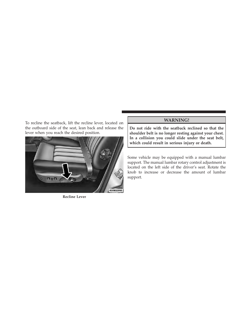 Front seat — manual recliner, Manual lumbar — if equipped | Dodge 2011 Dakota User Manual | Page 130 / 452