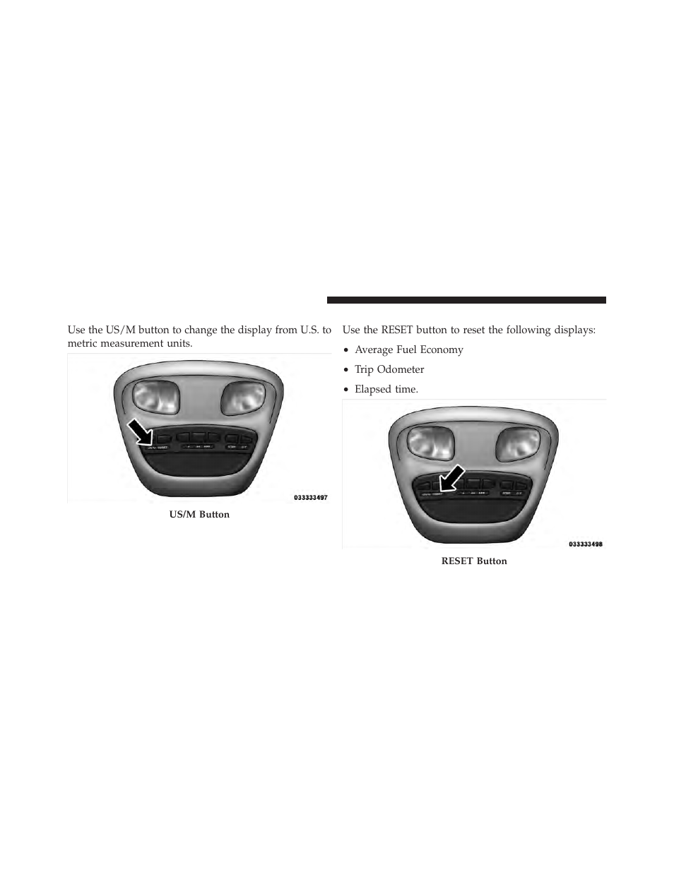 Us/m button, Reset button | Dodge 2011 Dakota User Manual | Page 150 / 452