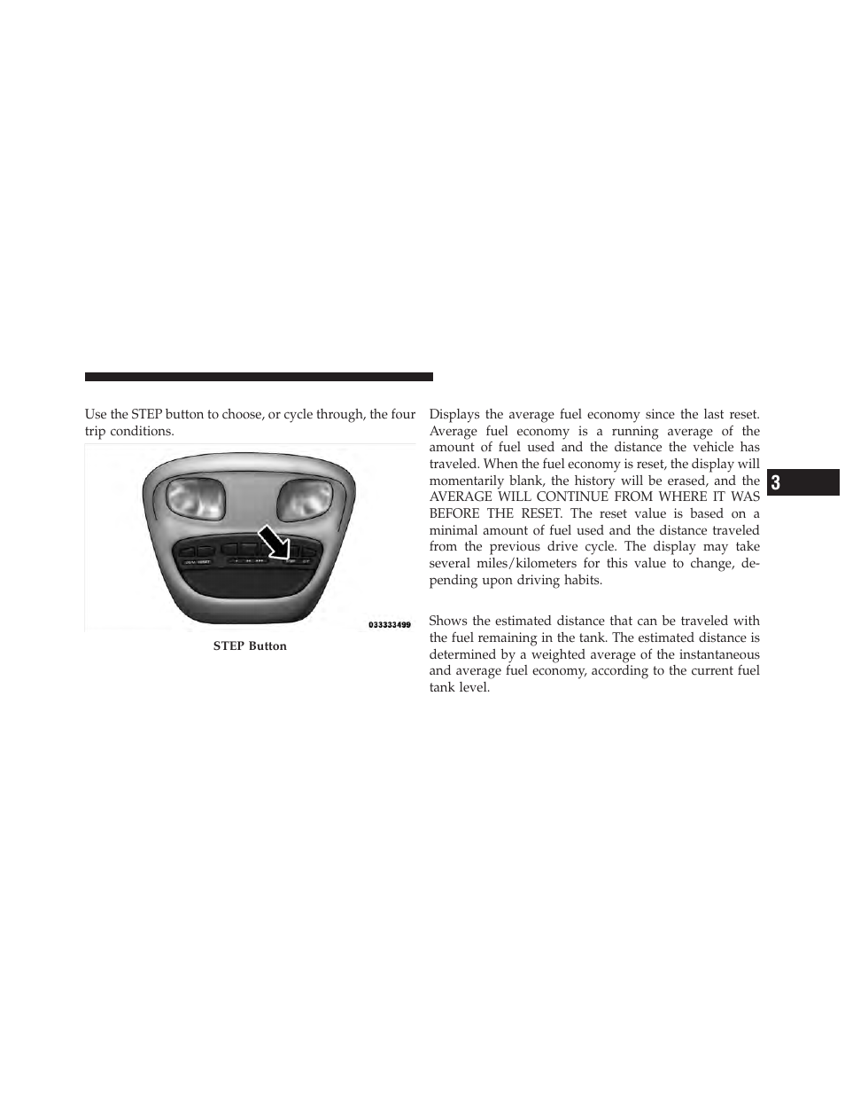 Step button, Average fuel economy (avg eco), Distance to empty (dte) | Dodge 2011 Dakota User Manual | Page 151 / 452