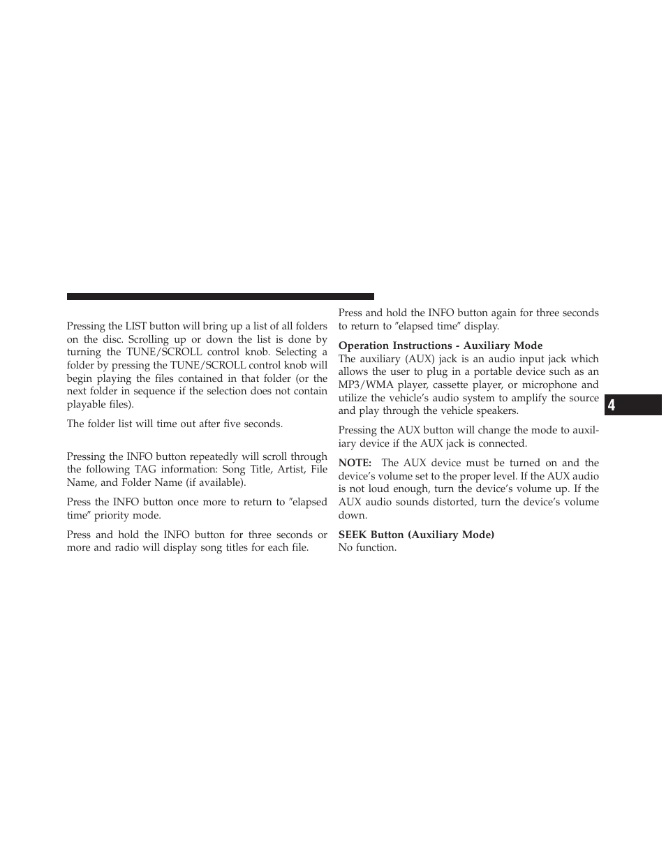 List button (disc mode for mp3/wma play), Info button (disc mode for mp3/wma play), List button | Disc mode for mp3/wma play), Info button | Dodge 2011 Dakota User Manual | Page 207 / 452