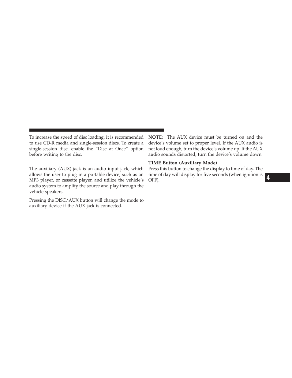 Operation instructions - auxiliary mode | Dodge 2011 Dakota User Manual | Page 221 / 452