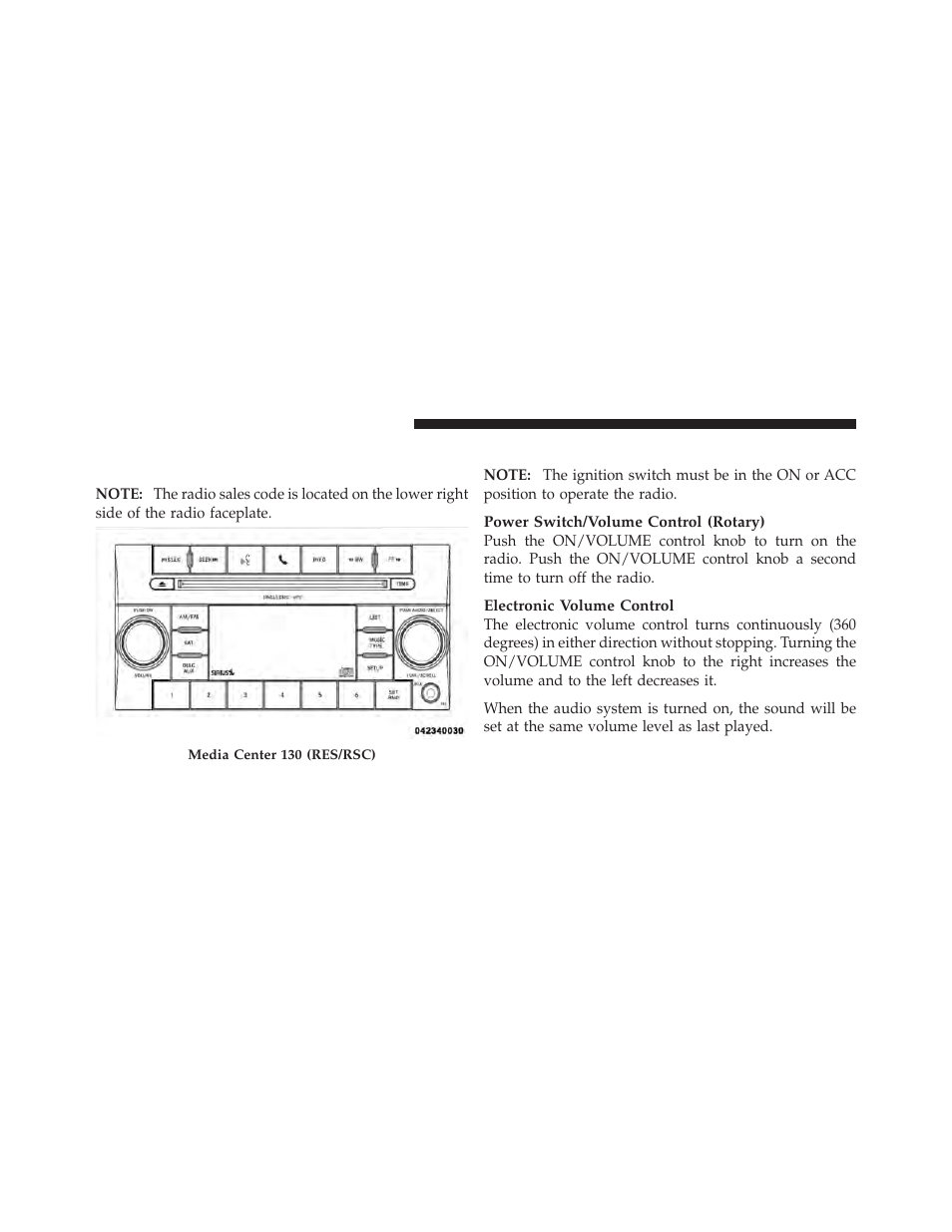 Operating instructions — radio mode, Media center 130 with satellite radio, Sales code res+rsc) | Dodge 2011 Dakota User Manual | Page 222 / 452