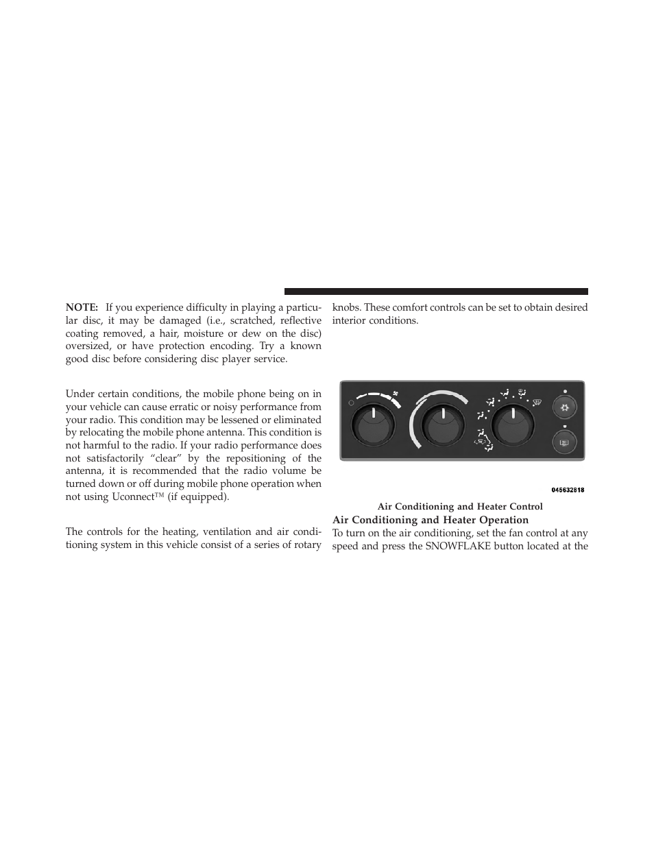 Radio operation and mobile phones, Climate controls, Air conditioning and heater | Dodge 2011 Dakota User Manual | Page 240 / 452
