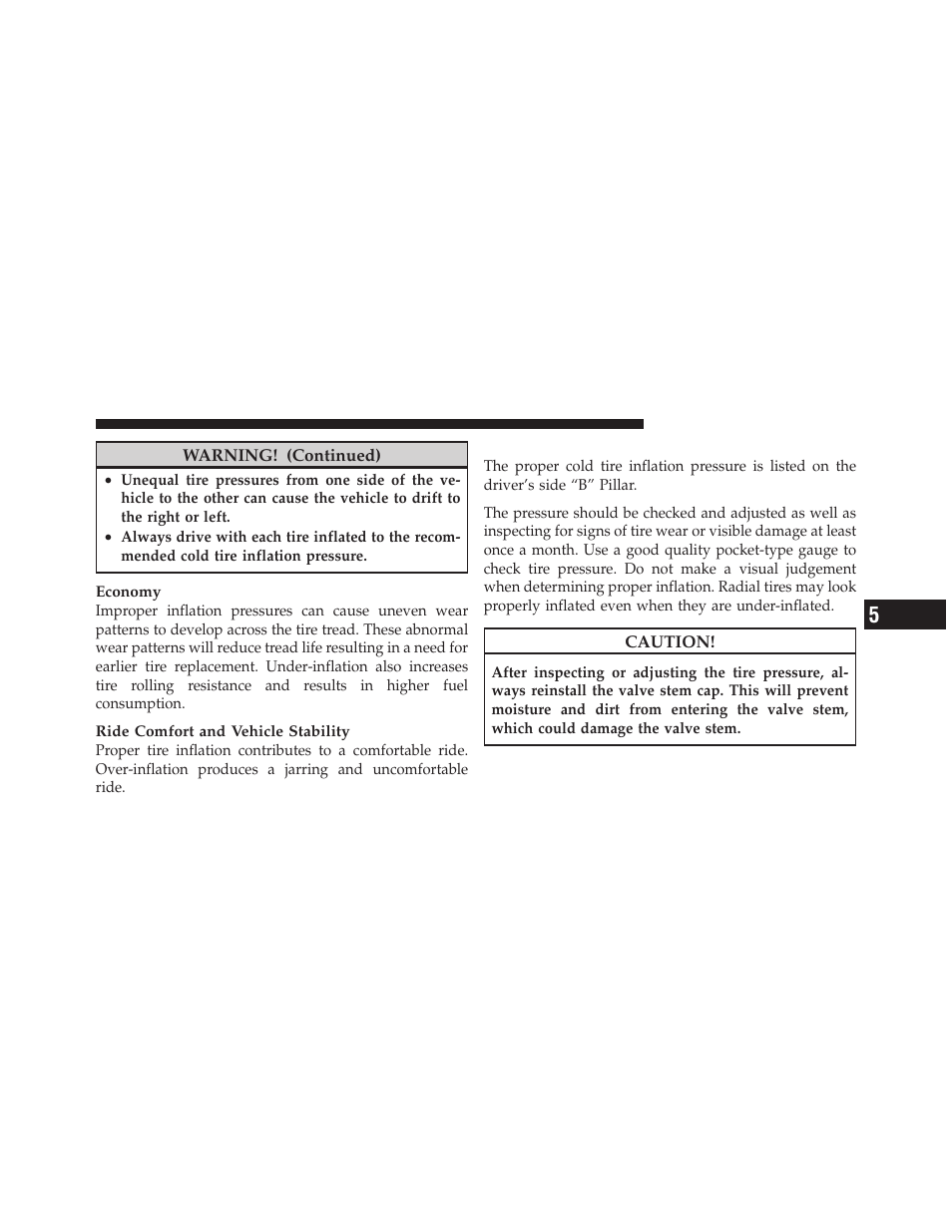 Tire inflation pressures | Dodge 2011 Dakota User Manual | Page 287 / 452