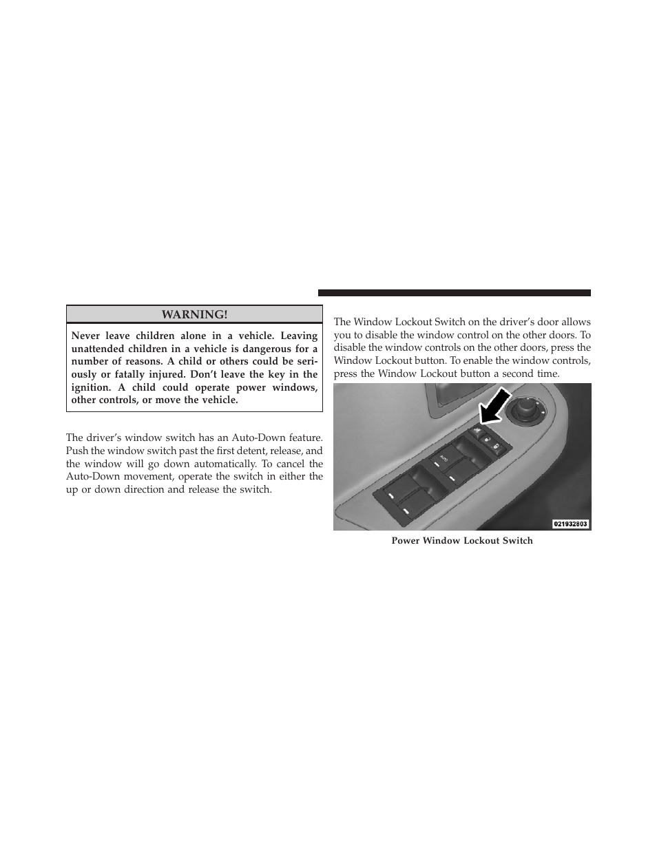 Auto-down — driver's side only, Window lockout switch, Auto-down — driver’s side only | Dodge 2011 Dakota User Manual | Page 36 / 452