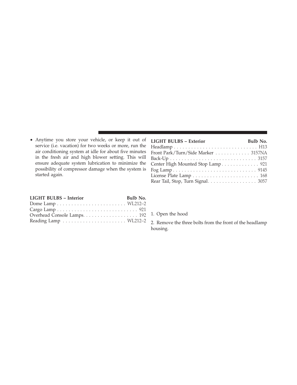 Replacement bulbs, Bulb replacement, Headlamp (halogen)/front park and turn | Signal lamps | Dodge 2011 Dakota User Manual | Page 394 / 452