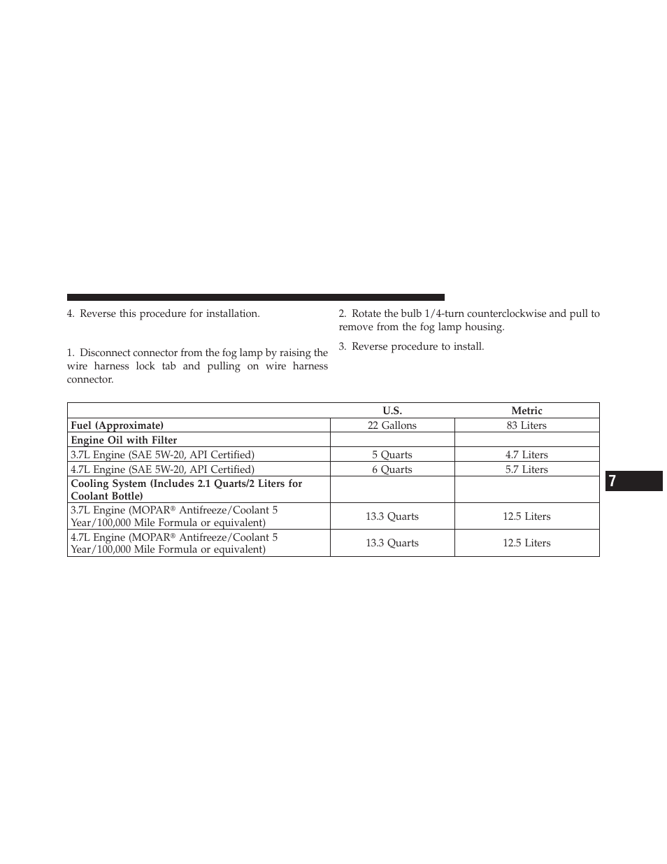 Fog lamps, Fluid capacities | Dodge 2011 Dakota User Manual | Page 403 / 452