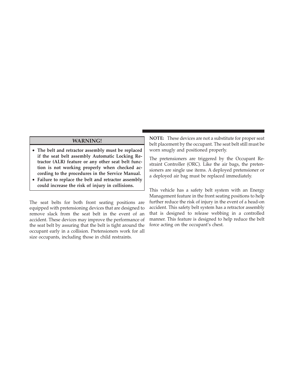 Seat belt pretensioners, Energy management feature | Dodge 2011 Dakota User Manual | Page 50 / 452