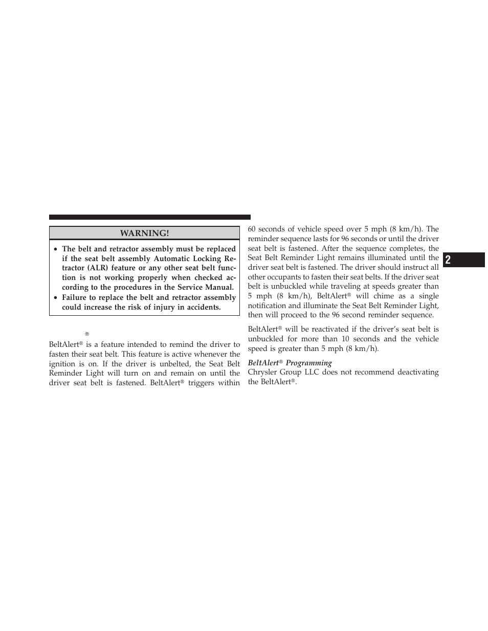 Enhanced seat belt use reminder system, Beltalert | Dodge 2011 Dakota User Manual | Page 51 / 452