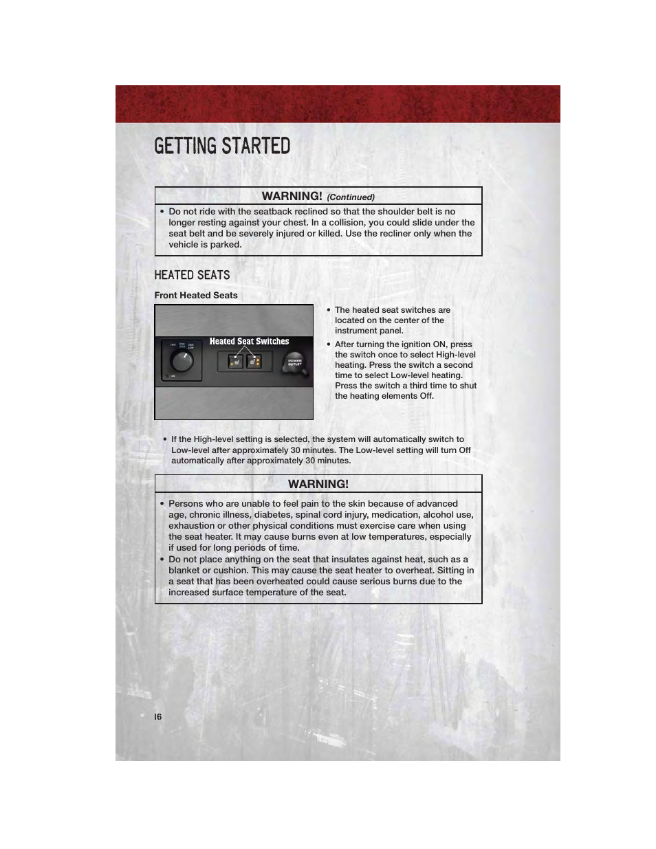 Heated seats, Front heated seats, Getting started | Dodge 2011 Dakota User Manual | Page 18 / 76