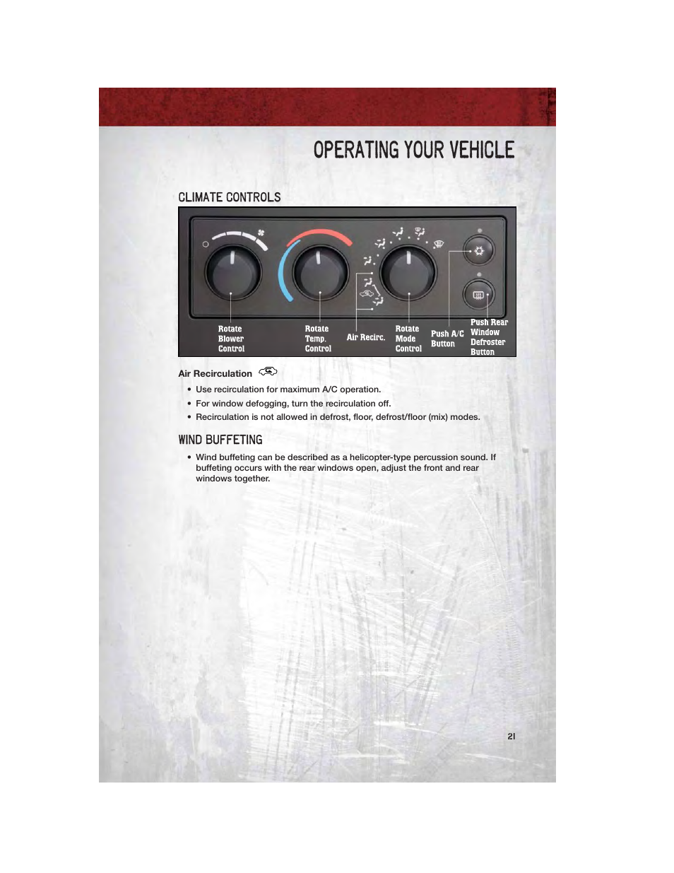 Climate controls, Air recirculation, Wind buffeting | Operating your vehicle | Dodge 2011 Dakota User Manual | Page 23 / 76