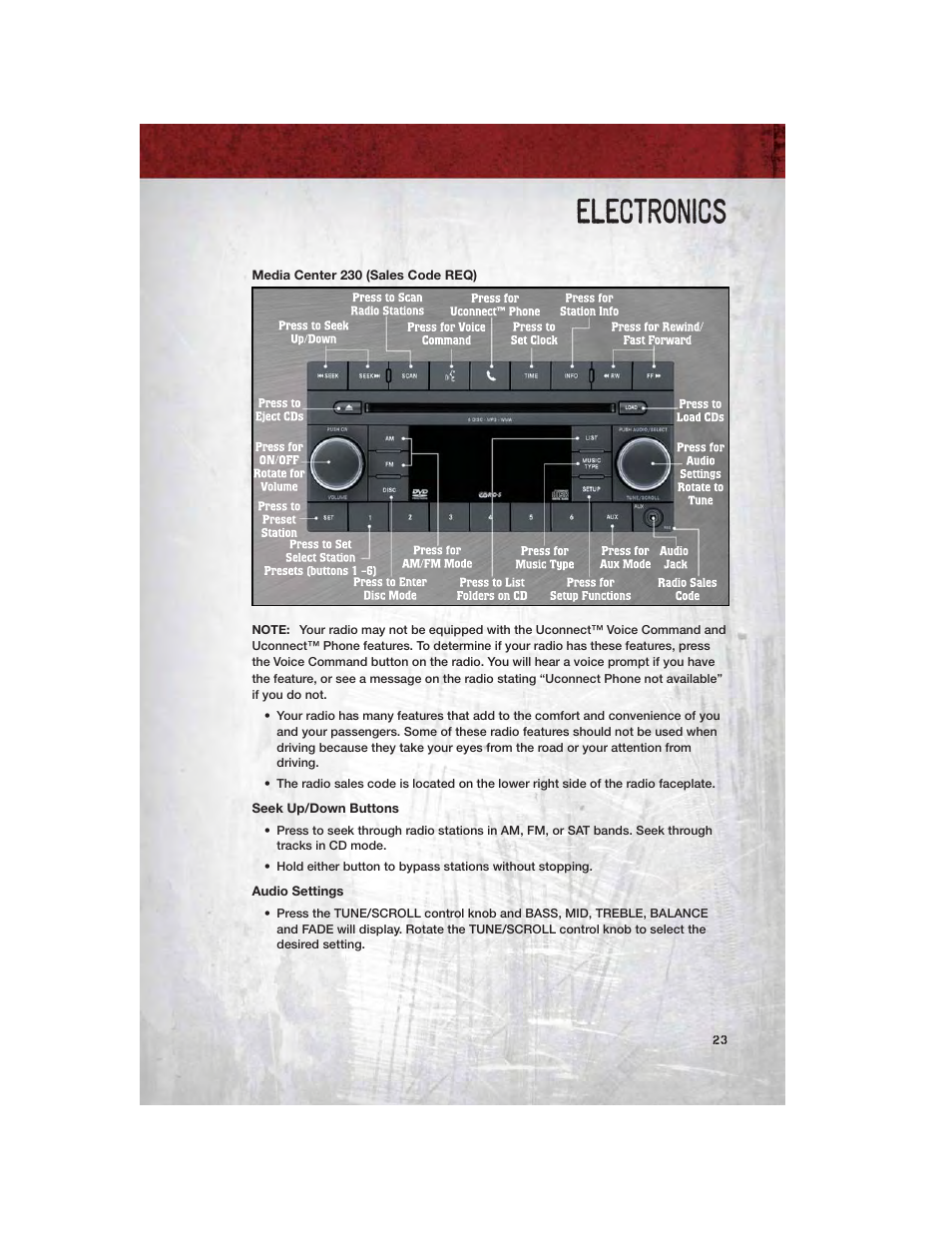 Media center 230 (sales code req), Seek up/down buttons, Audio settings | Electronics | Dodge 2011 Dakota User Manual | Page 25 / 76