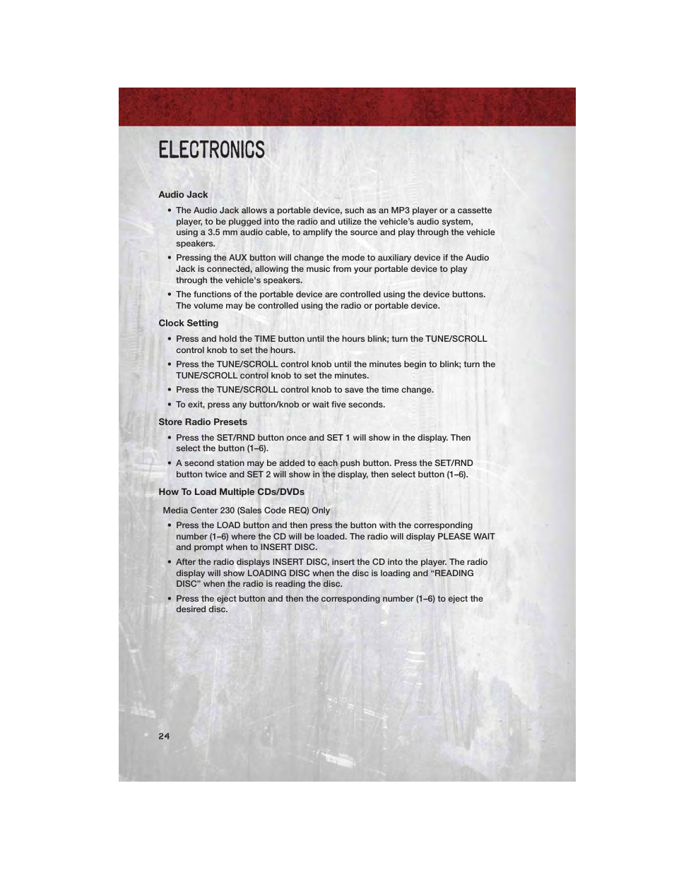 Audio jack, Clock setting, Store radio presets | How to load multiple cds/dvds, Electronics | Dodge 2011 Dakota User Manual | Page 26 / 76