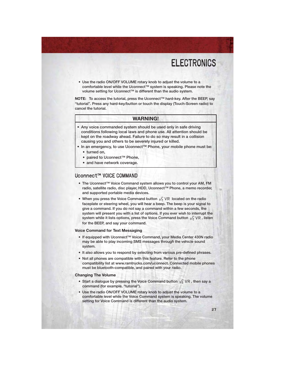 Uconnect™ voice command, Voice command for text messaging, Changing the volume | Electronics, Warning | Dodge 2011 Dakota User Manual | Page 29 / 76