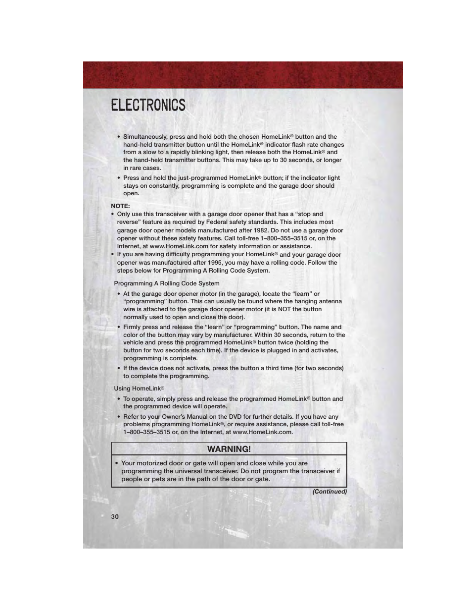 Electronics, Warning | Dodge 2011 Dakota User Manual | Page 32 / 76