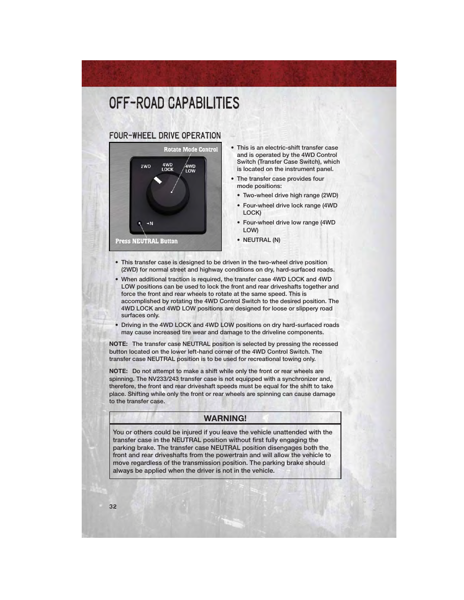 Off-road capabilities, Four-wheel drive operation, Warning | Dodge 2011 Dakota User Manual | Page 34 / 76