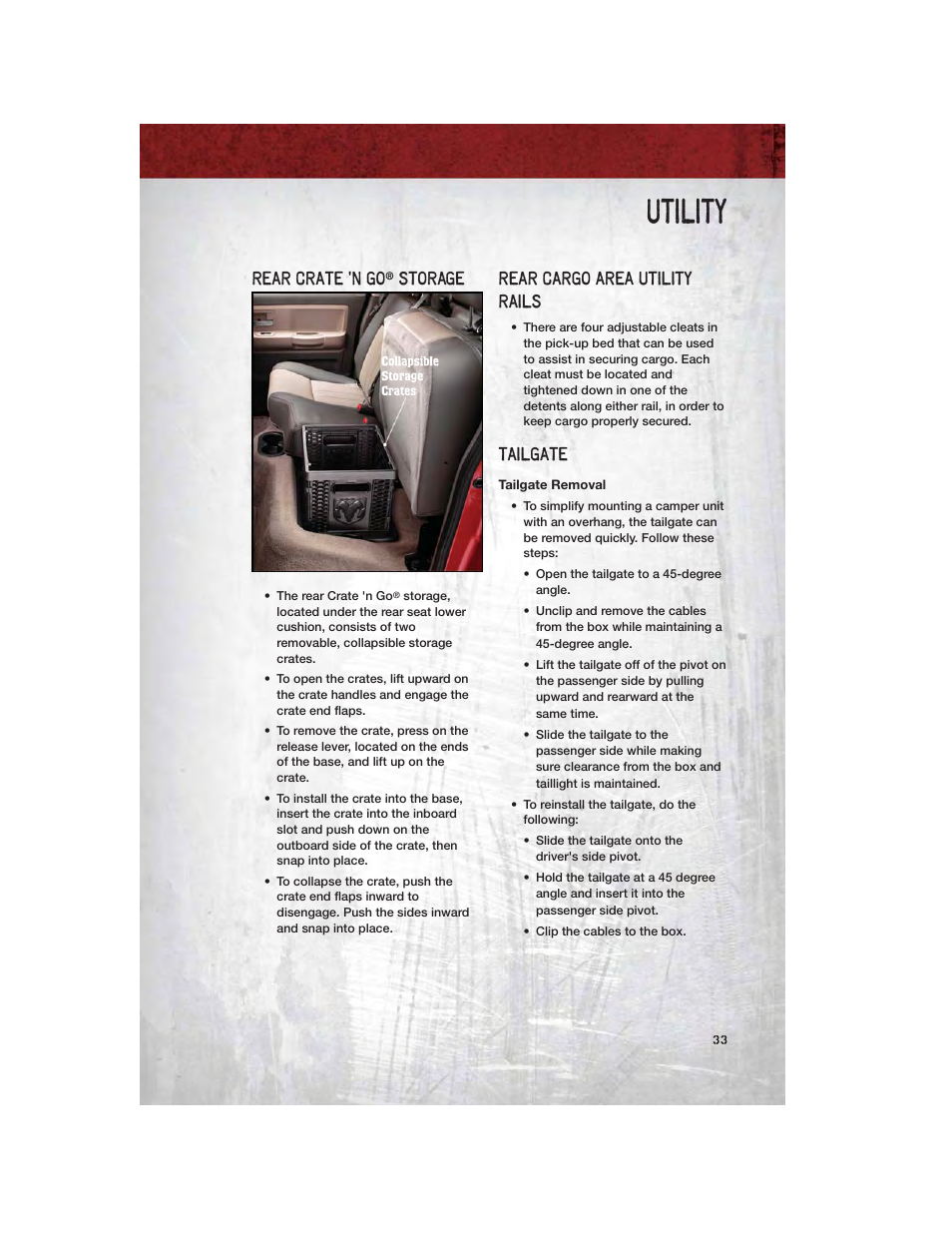 Utility, Rear crate 'n go® storage, Rear cargo area utility rails | Tailgate, Tailgate removal, Rear crate 'n go, Storage | Dodge 2011 Dakota User Manual | Page 35 / 76