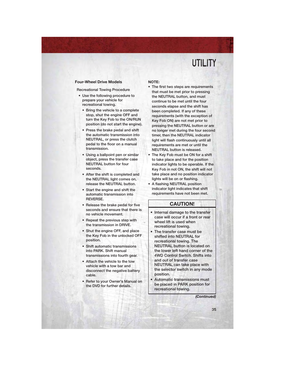 Four-wheel drive models, Utility, Caution | Dodge 2011 Dakota User Manual | Page 37 / 76