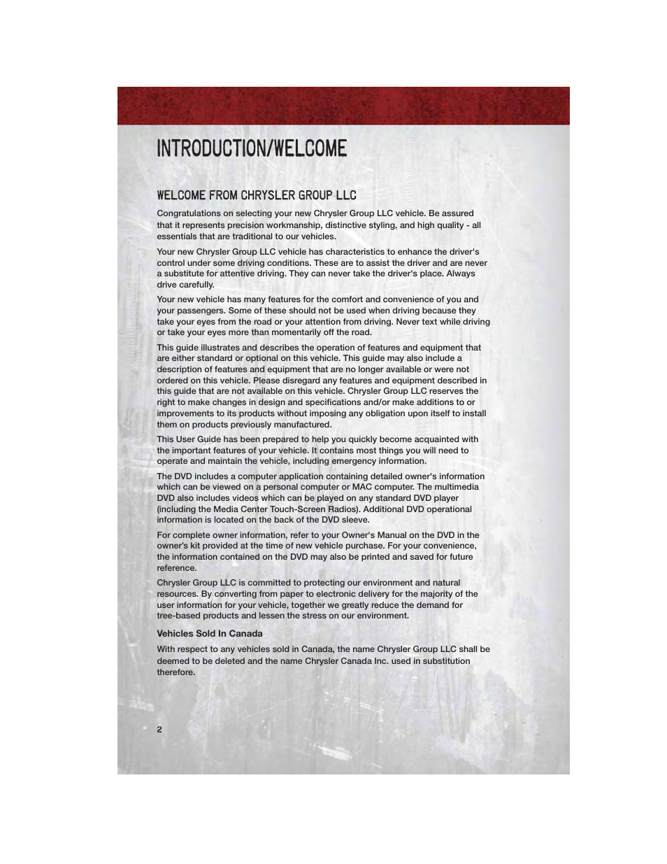 Introduction/welcome, Welcome from chrysler group llc, Vehicles sold in canada | Dodge 2011 Dakota User Manual | Page 4 / 76