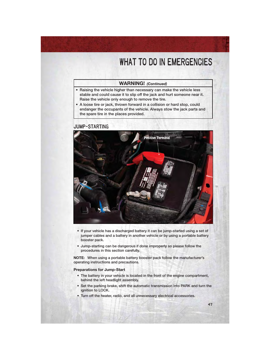 Jump-starting, Preparations for jump-start, What to do in emergencies | Dodge 2011 Dakota User Manual | Page 49 / 76